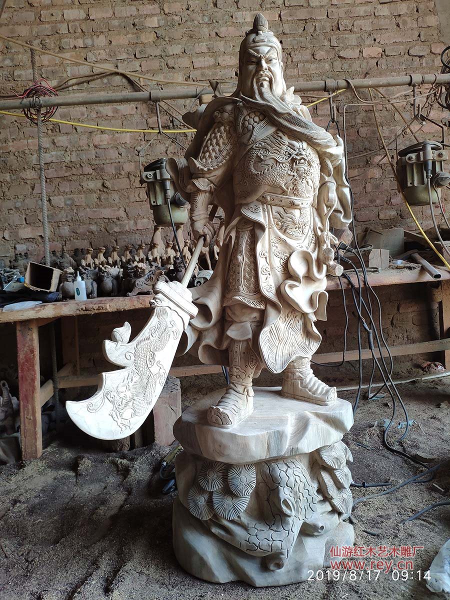 供奉用的关公雕像香樟木雕刻加工，横刀关公站像